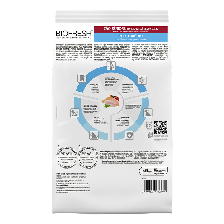Biofresh perro senior razas medianas 10.1 kg alimento seco, cara trasera con la tabla de alimentación