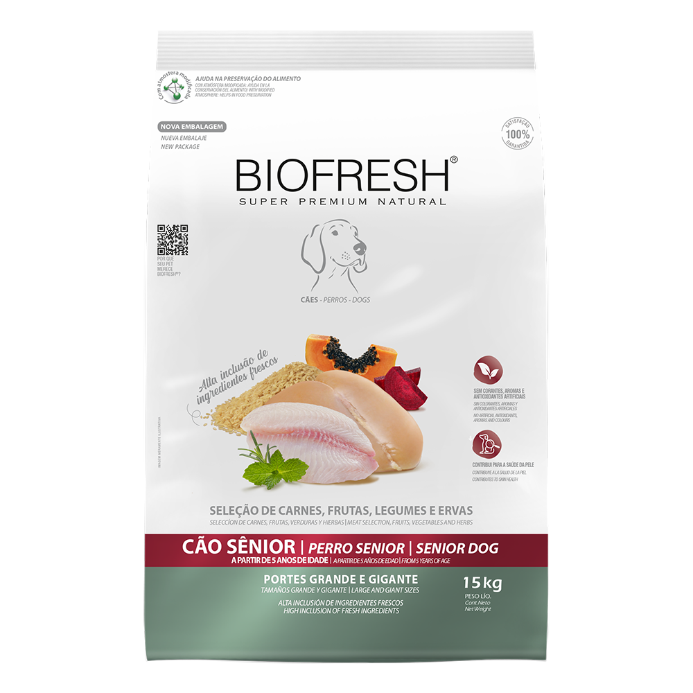 Biofresh perro senior razas grandes y gigantes 15 kg alimento seco, vista frontal del empaque