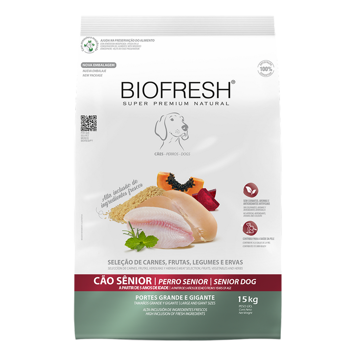 Biofresh perro senior razas grandes y gigantes 15 kg alimento seco, vista frontal del empaque