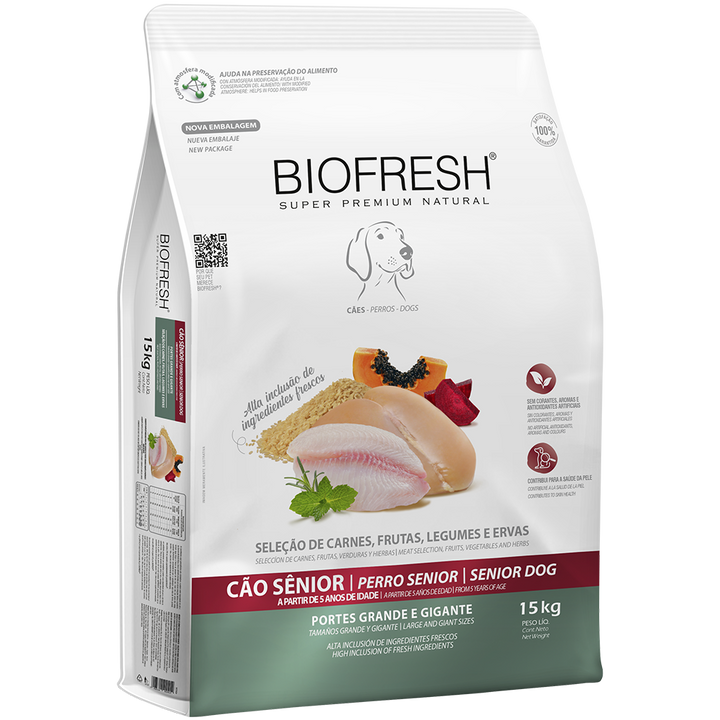 Biofresh perro senior razas grandes y gigantes 15 kg alimento seco, empaque en perspectiva