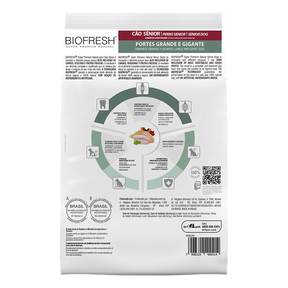 Biofresh perro senior razas grandes y gigantes 15 kg alimento seco, cara trasera con la tabla de alimentación