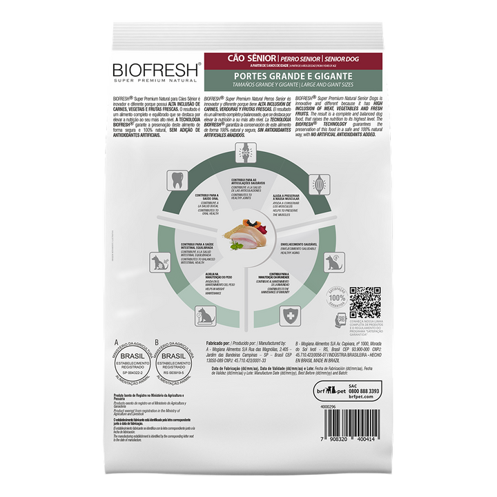 Biofresh perro senior razas grandes y gigantes 15 kg alimento seco, cara trasera con la tabla de alimentación
