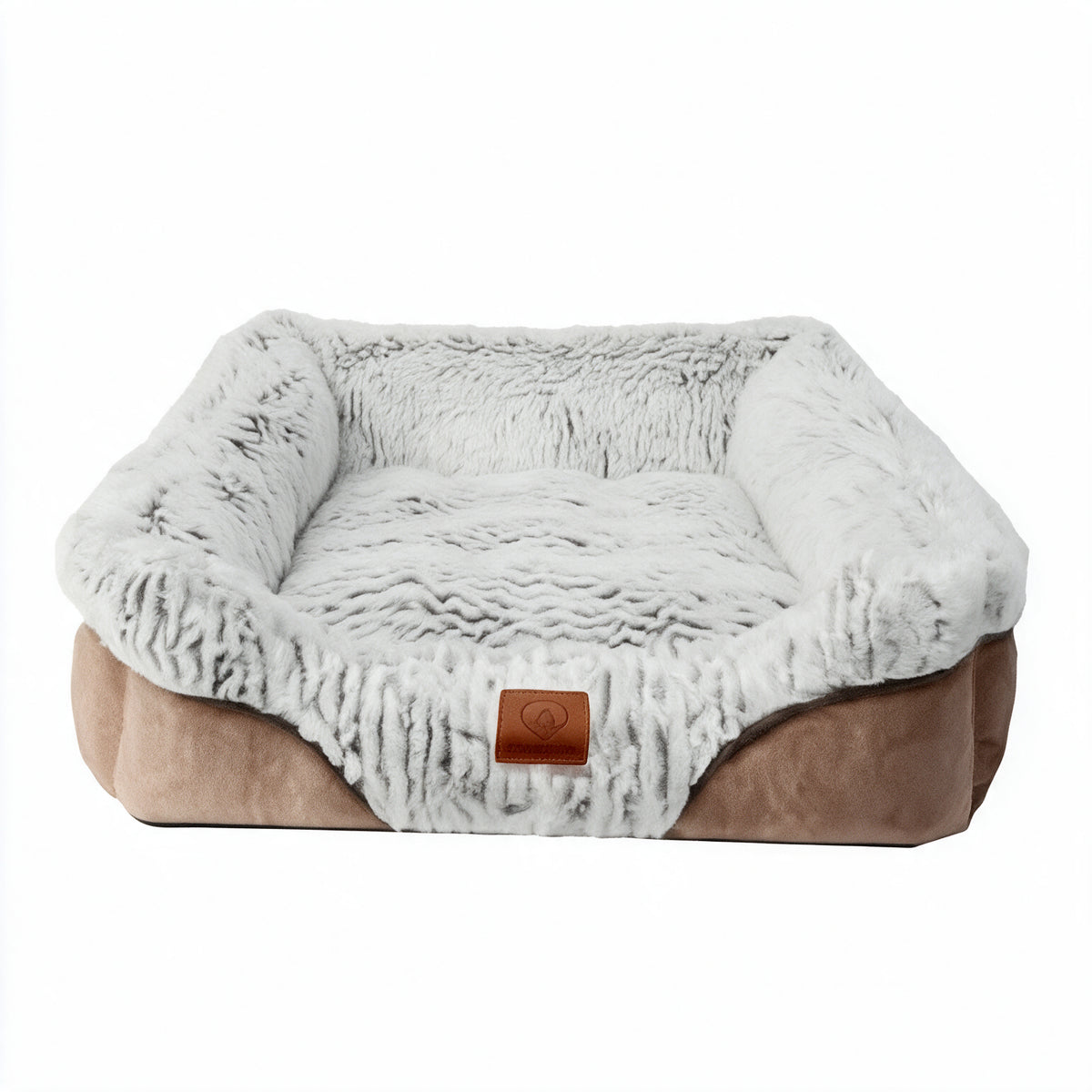 Wonder Dog cama acolchada café cuadrada con interior peludo blanco y etiqueta de cuero
