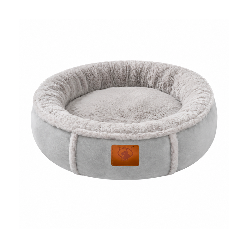 Wonder Dog cama circular gris de borde alto con interior peludo y etiqueta de cuero