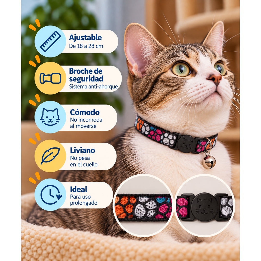 Wonder Cat collar antiahorque para gatos con estampado de mosaico en naranjo, blanco, fucsia y celeste: ajustable de 18 a 28 cm, broche de seguridad y cascabel
