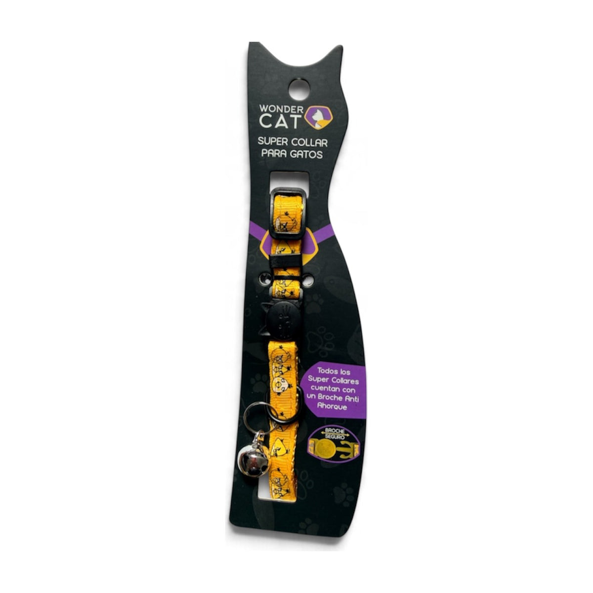 Wonder Cat collar antiahorque para gatos con estampado de pajaritos sobre fondo amarillo en su blíster
