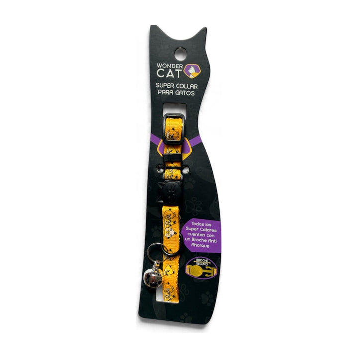 Wonder Cat collar antiahorque para gatos con estampado de pajaritos sobre fondo amarillo en su blíster