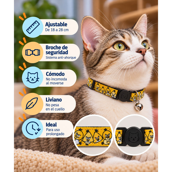 Wonder Cat collar antiahorque para gatos con estampado de pajaritos negros sobre fondo amarillo: ajustable de 18 a 28 cm, broche de seguridad y cascabel