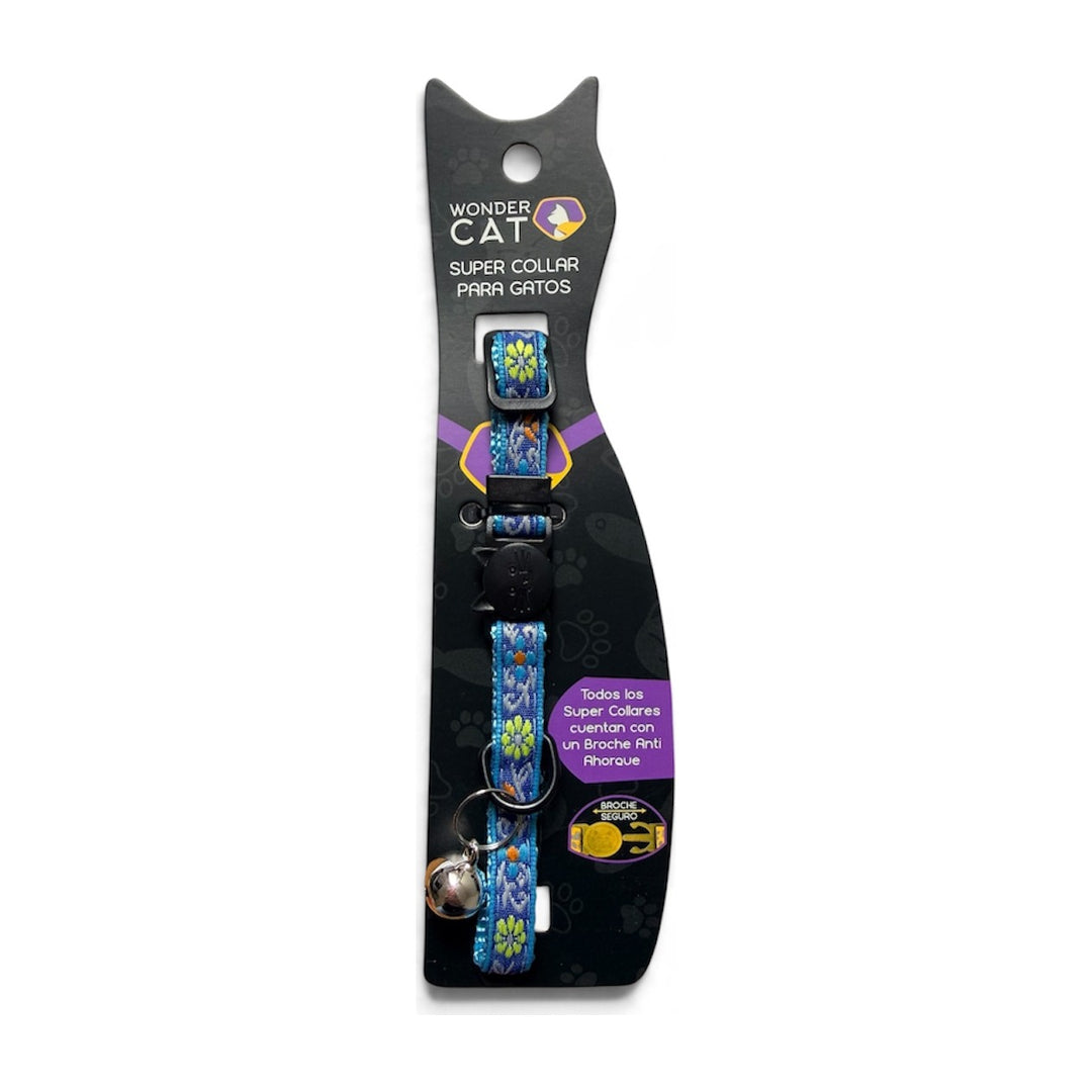 Wonder Cat collar antiahorque para gatos con estampado de flores sobre fondo azul en su blíster