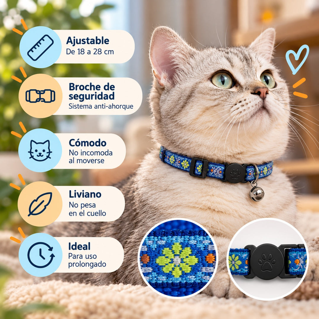 Wonder Cat collar antiahorque para gatos con estampado de flores verdes y amarillas sobre fondo azul: ajustable de 18 a 28 cm, broche de seguridad y cascabel