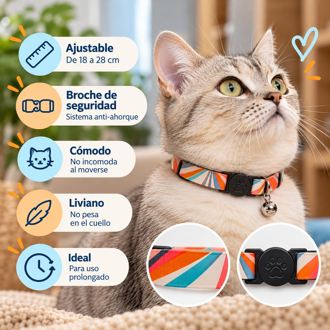 Wonder Cat collar antiahorque para gatos con estampado de caleidoscopio en naranjo, turquesa y blanco: ajustable de 18 a 28 cm, broche de seguridad y cascabel