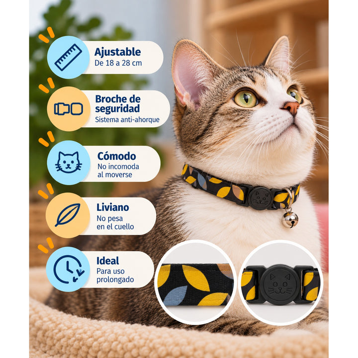Wonder Cat collar antiahorque para gatos con estampado de hojas azules y amarillas: ajustable de 18 a 28 cm, broche de seguridad y cascabel
