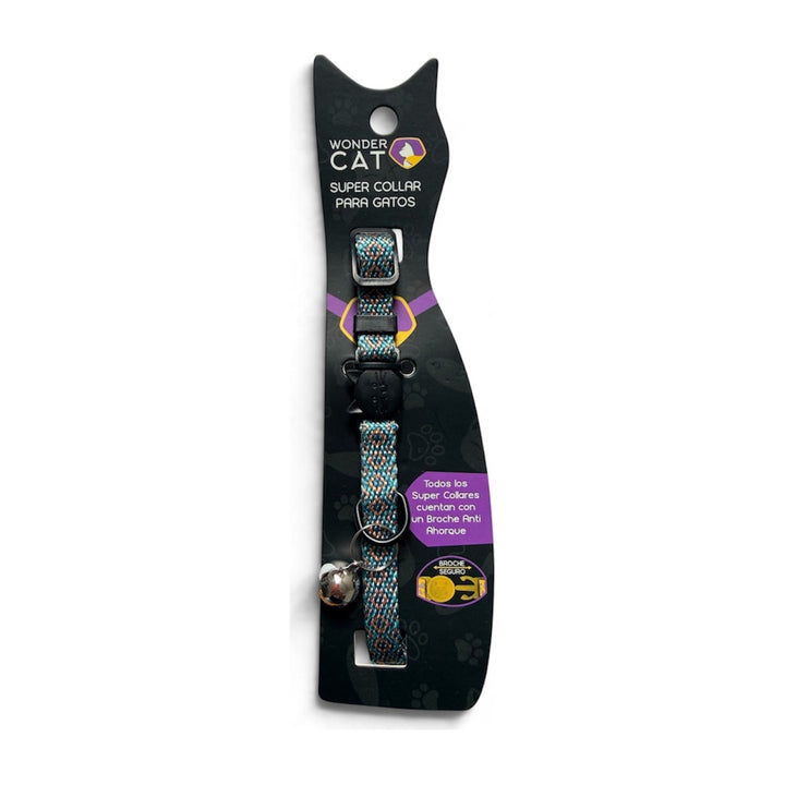 Wonder Cat collar antiahorque para gatos con estampado de rombos turquesa sobre gris en su blister original