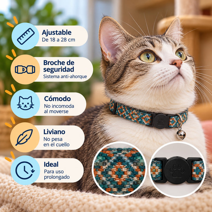 Wonder Cat collar antiahorque para gatos con estampado de rombos turquesa sobre gris: ajustable de 18 a 28 cm, broche de seguridad y cascabel