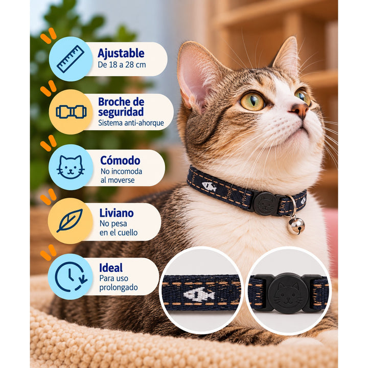 Wonder Cat collar antiahorque para gatos con estampado de peces rojos sobre mezclilla azul: ajustable de 18 a 28 cm, broche de seguridad y cascabel