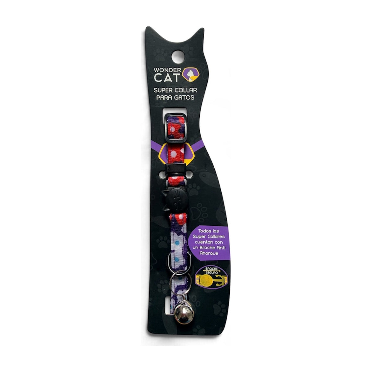 Wonder Cat collar antiahorque para gatos con estampado de flores rojas y moradas en su blíster