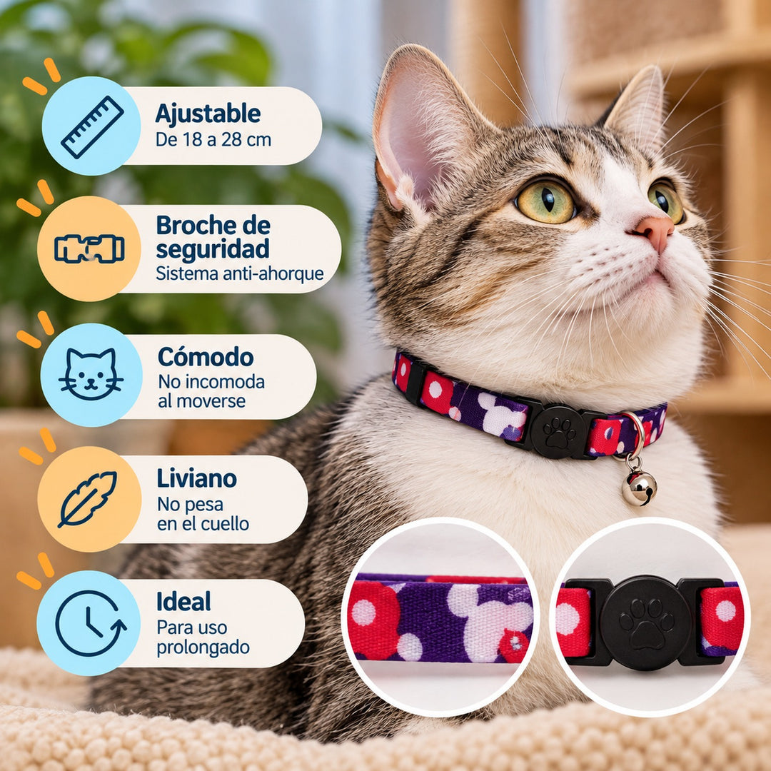 Wonder Cat collar antiahorque para gatos con estampado de flores rojas y blancas sobre morado: ajustable de 18 a 28 cm, broche de seguridad y cascabel