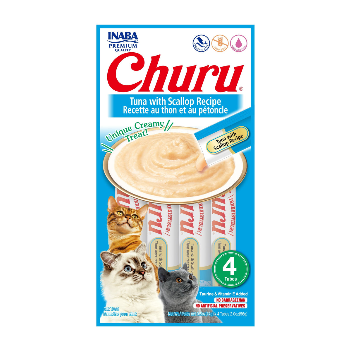Churu snack líquido sabor atún con ostiones para gatos 4 tubos 14 grs vista frontal