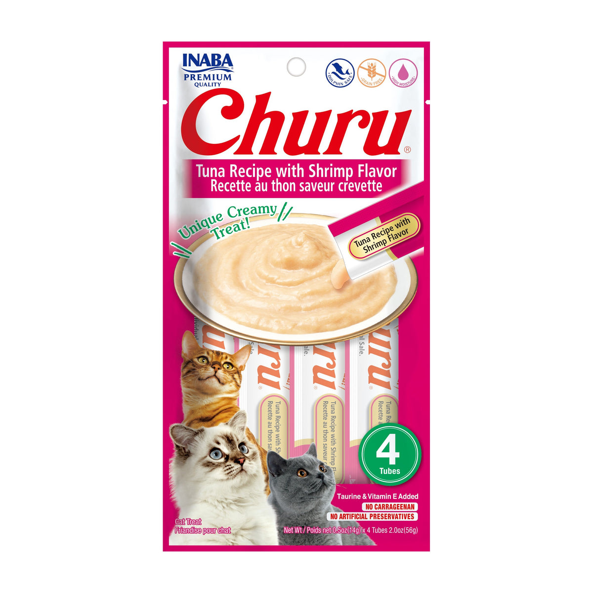 Churu snack líquido sabor atún con camarón para gatos 4 tubos 14 grs vista frontal