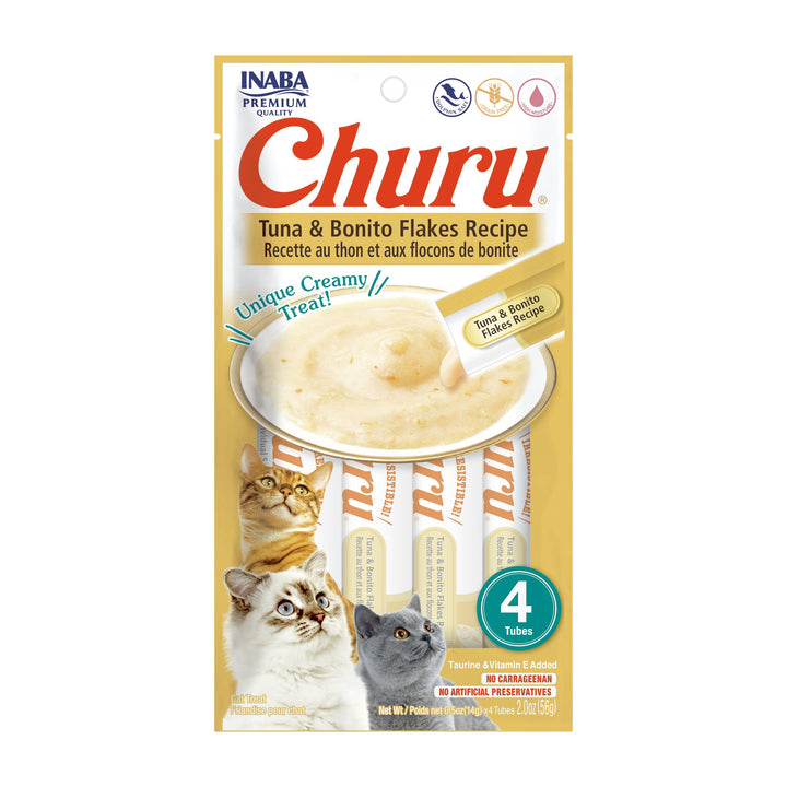 Churu snack líquido sabor atún con hojuelas de bonito para gatos 4 tubos 14 grs vista frontal