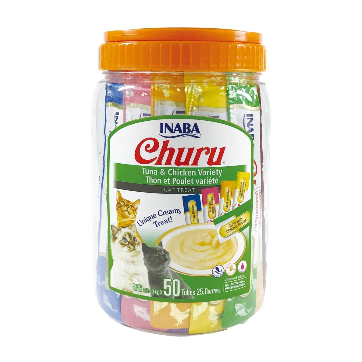 Churu snack variedades atún y pollo pack 50 unidades para gatos empaque