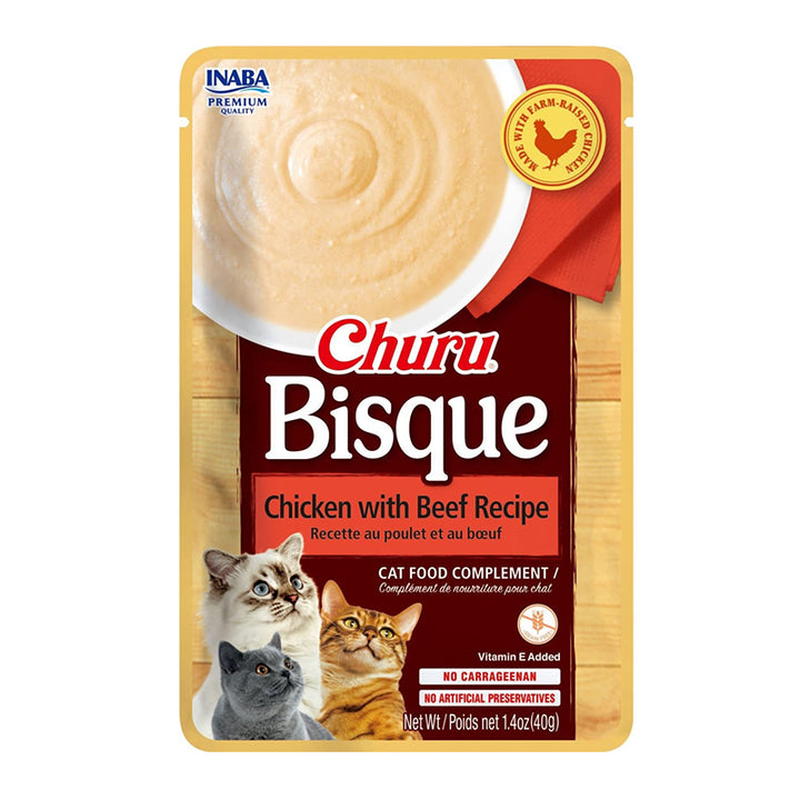 Churu Bisque pollo con carne sobre 40 g snack cremoso para gato vista frontal del envase