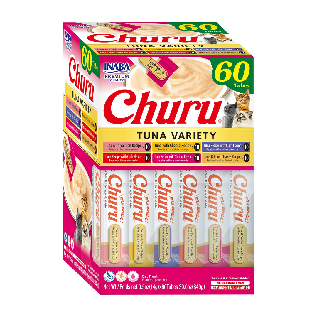 Churu snack variedades atún pack 60 tubos para gatos vista lateral del empaque