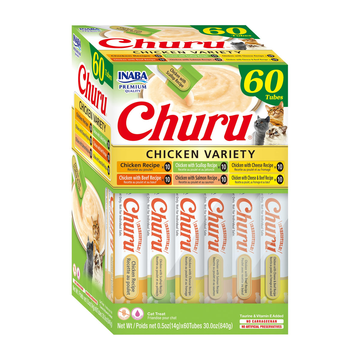 Churu snack variedades pollo pack 60 tubos para gatos vista lateral del empaque
