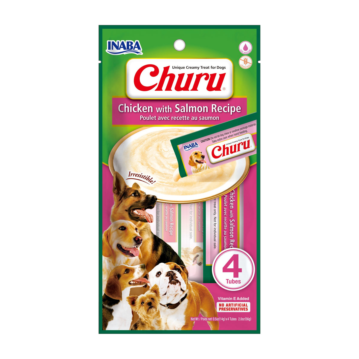 Churu snack líquido sabor salmón para perros 4 tubos 14 grs vista frontal