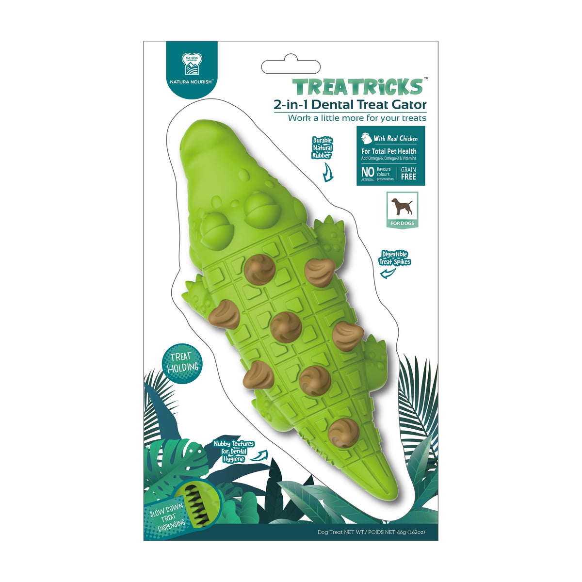 Dental Treat Cocodrilo 2 en 1 sabor pollo en su envase, juguete verde con los snacks incrustados