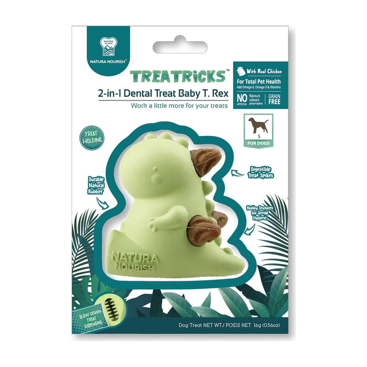 Dental Treat Baby T Rex 2 en 1 sabor pollo en su envase, juguete verde claro con los snacks incrustados