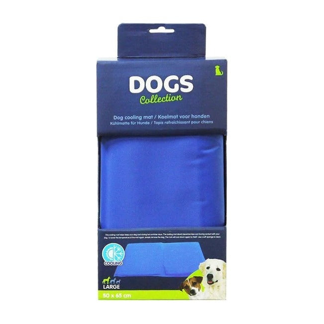 Dogs Collection manta refrescante talla L de 50 x 65 cm, envase de cartón con la manta azul a la vista