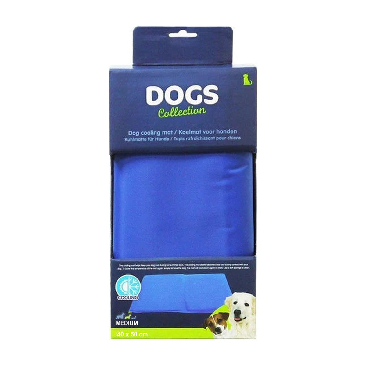 Dogs Collection manta refrescante talla M de 40 x 50 cm, envase de cartón con la manta azul a la vista