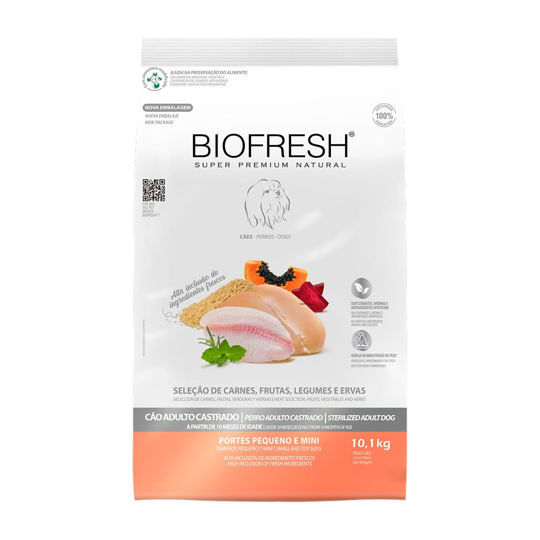 Biofresh perro adulto castrado razas pequeñas y mini 10.1 kg alimento seco, vista frontal del empaque