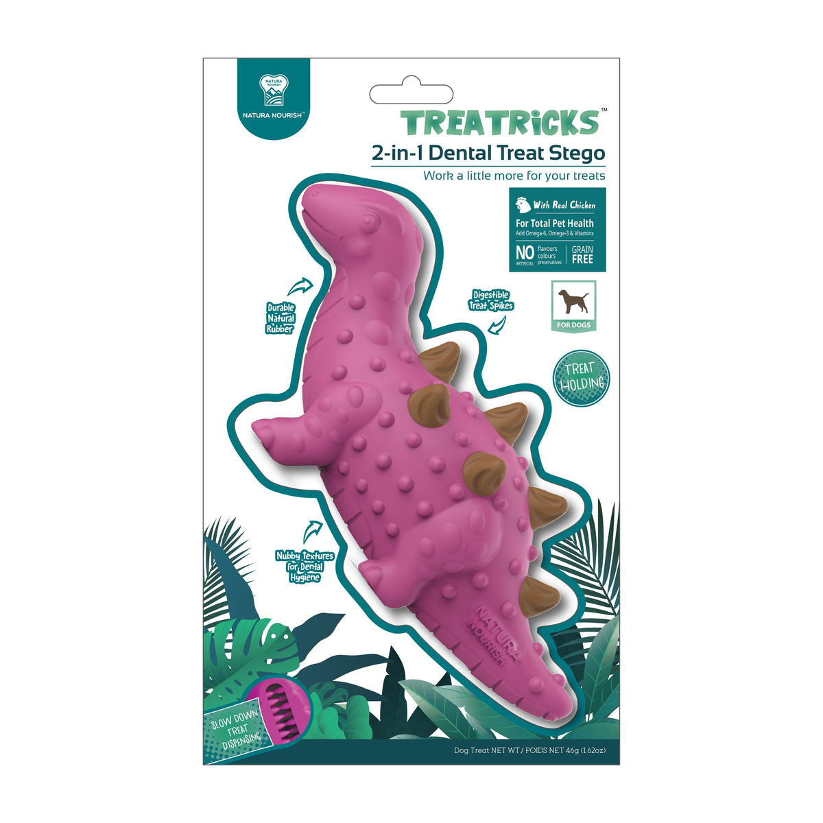 Dental Treat Estegosaurio 2 en 1 sabor pollo en su envase, juguete rosado con los snacks incrustados