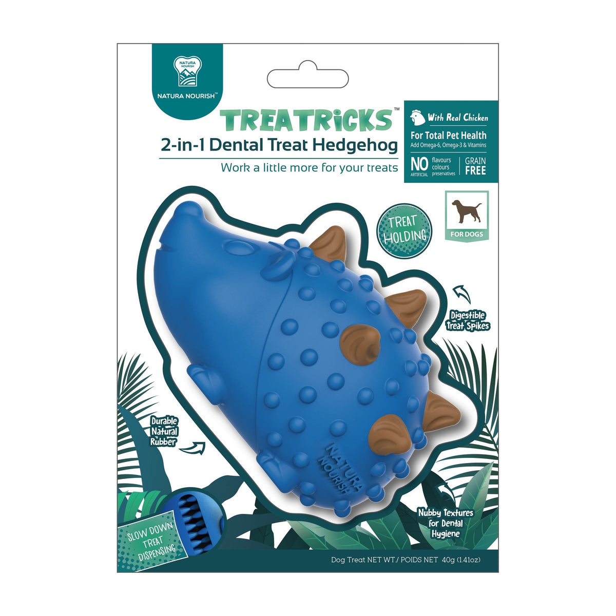 Dental Treat Erizo 2 en 1 sabor pollo en su envase, juguete azul con los snacks incrustados