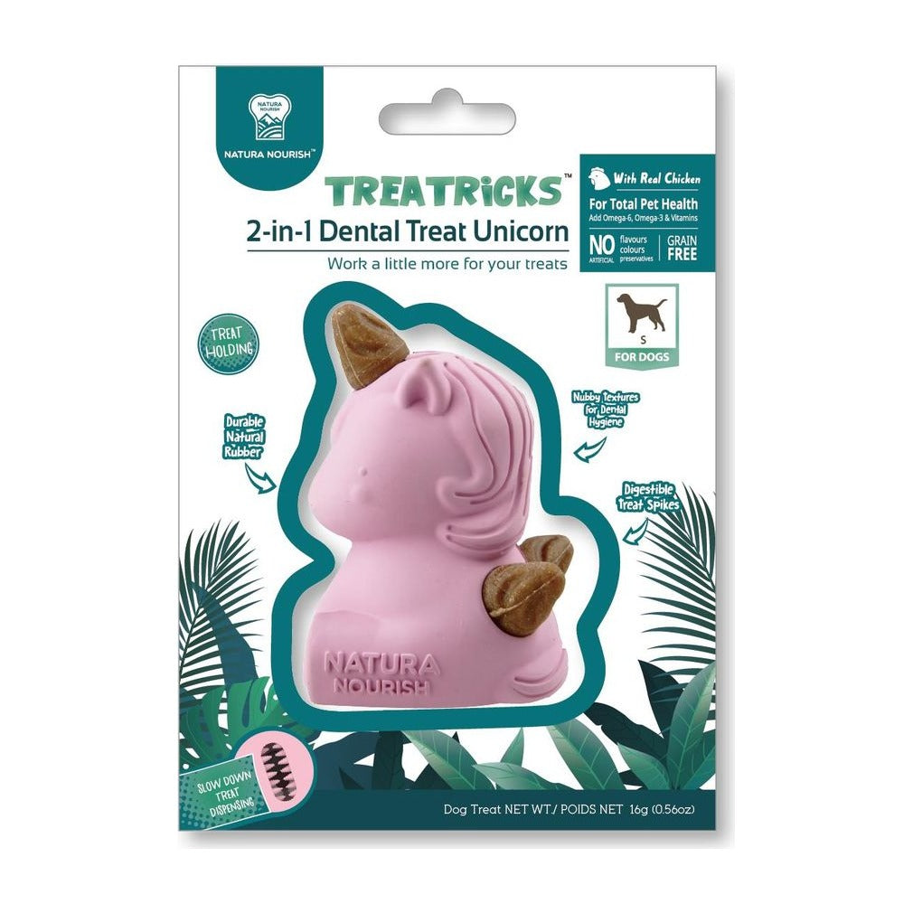 Dental Treat Unicornio 2 en 1 sabor pollo en su envase, juguete rosado con el snack incrustado