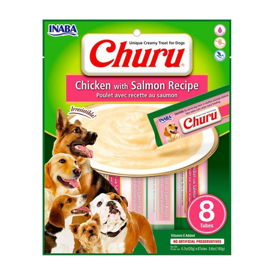 Churu Perro Pollo con Salmón Sobre 8 Tubos x 20 g, frente del envase