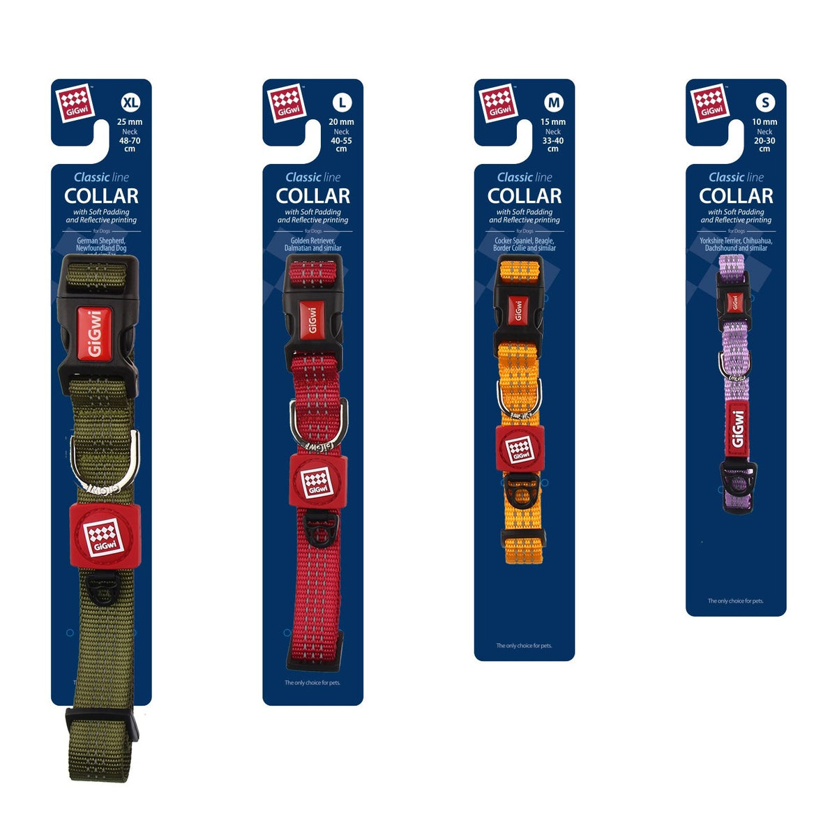Gigwi collar línea clásica, los cuatro colores en su envase