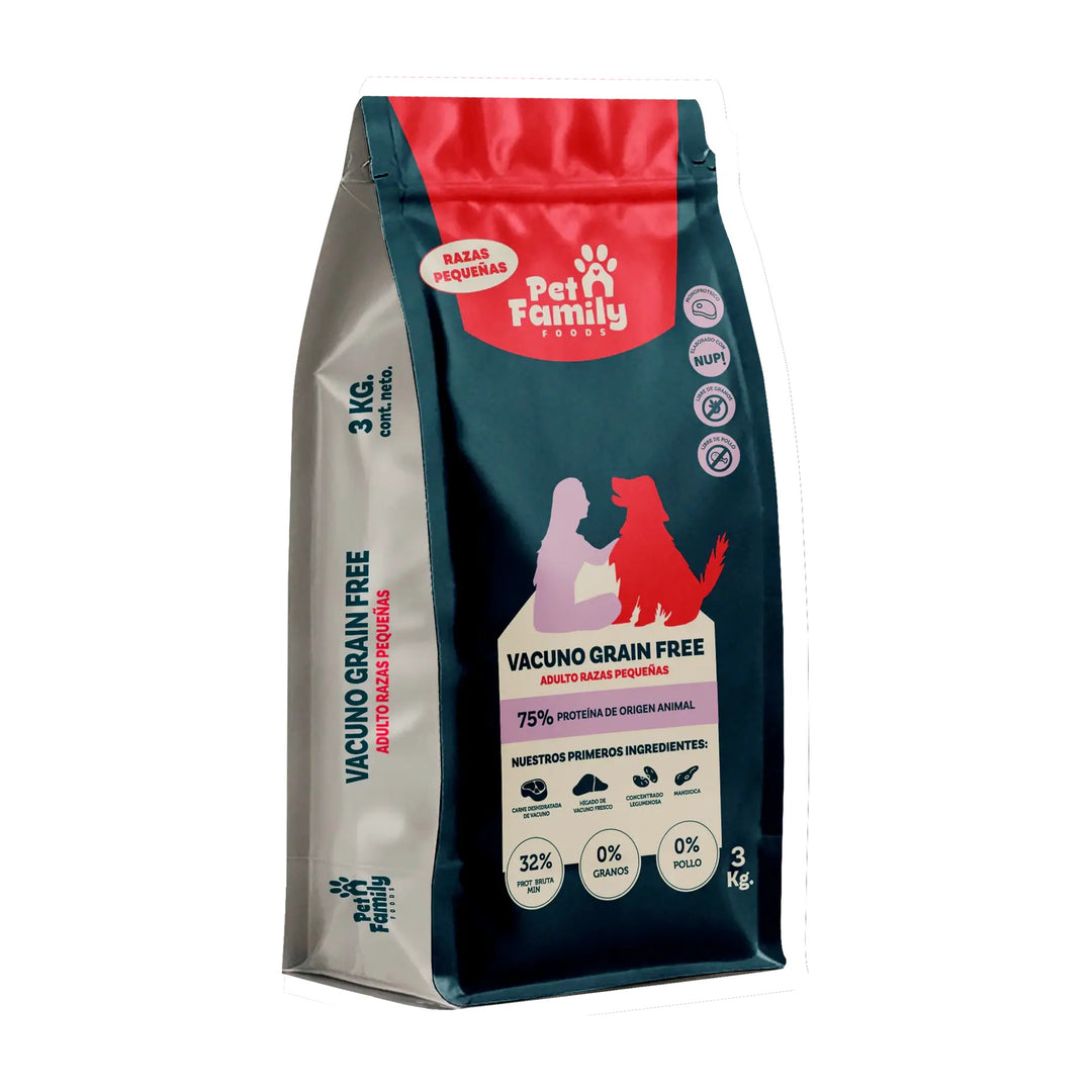 Pet Family grain free razas pequeñas 3 kg alimento seco perro saco vista frontal