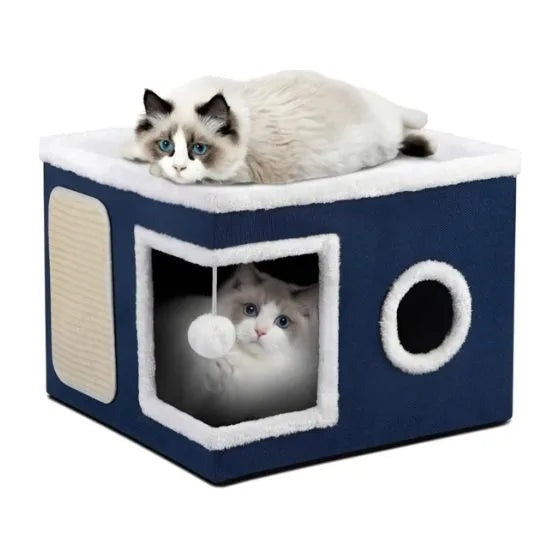 Cubo felino multifunción con rascador azul para gatos vista frontal