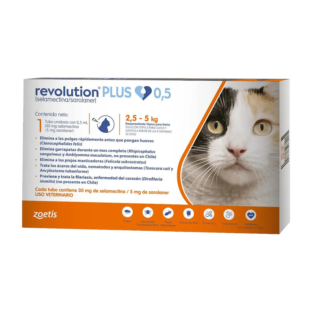 Revolution Plus 0.5 ml gato 2.5 a 5 kg antiparasitario 1 pipeta empaque