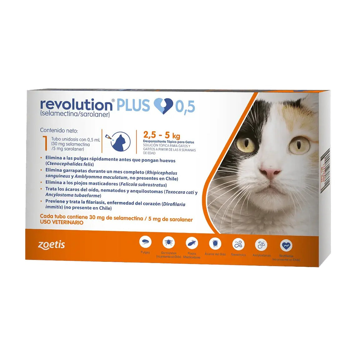 Revolution Plus 0.5 ml gato 2.5 a 5 kg antiparasitario 1 pipeta empaque