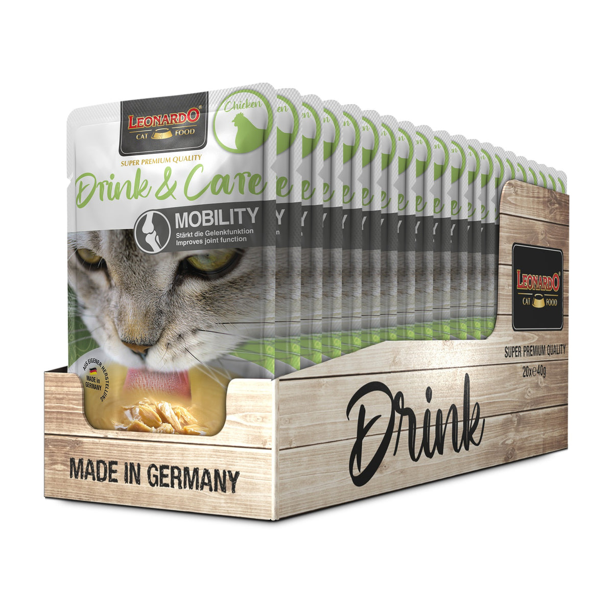 Leonardo gato Drink & Care Mobility pollo display 40 grs x 20 uds bandeja
