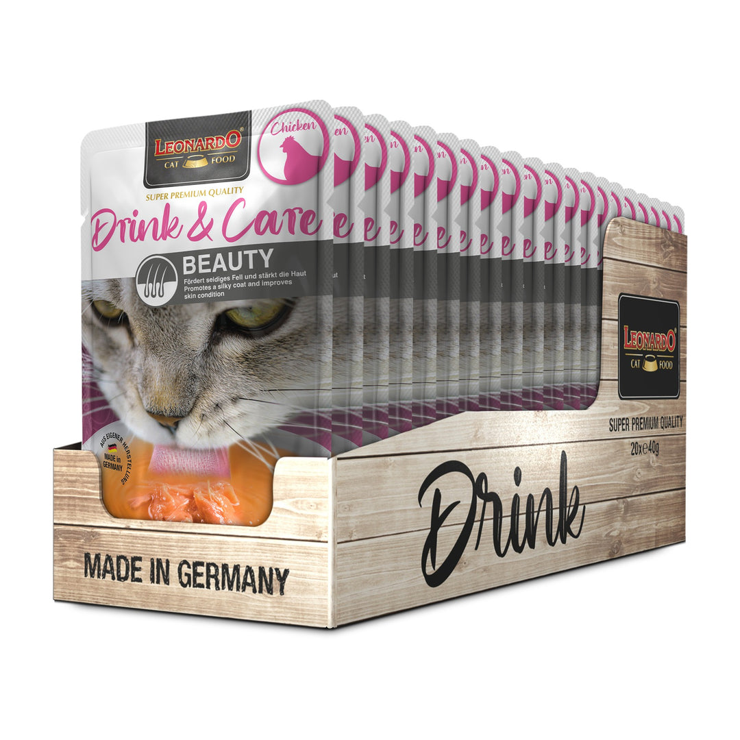 Leonardo gato Drink &amp; Care Beauty pollo display 40 grs x 20 uds bandeja