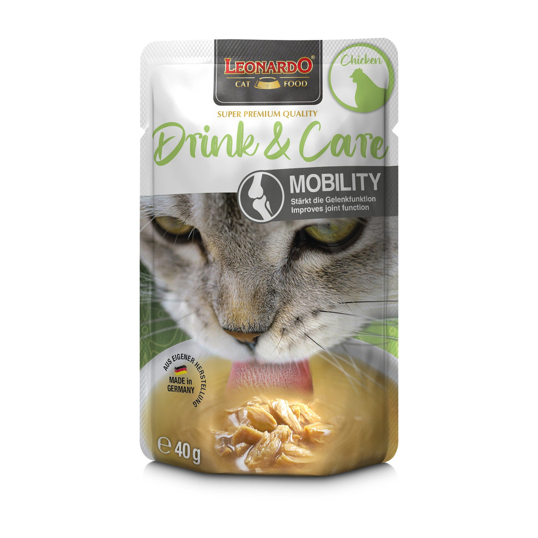 Leonardo gato Drink &amp; Care Mobility pollo pouch 40 grs vista frontal