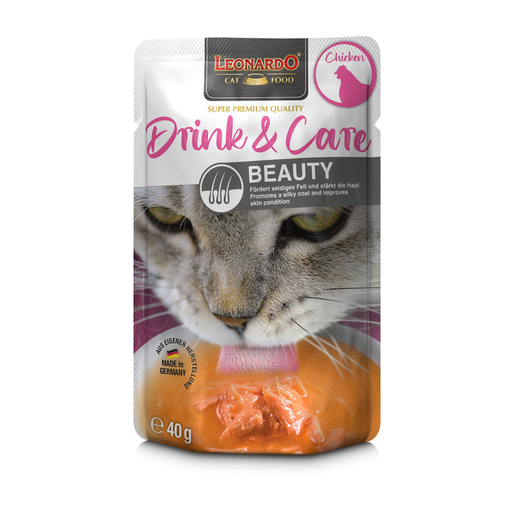 Leonardo gato Drink &amp; Care Beauty pollo pouch 40 grs vista frontal