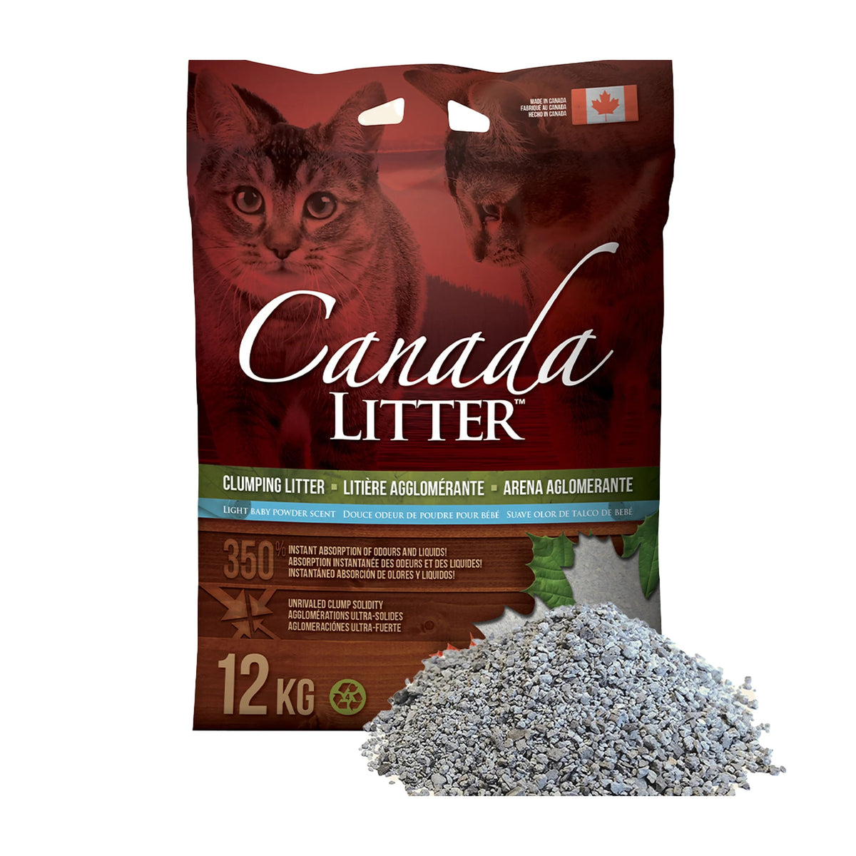 Canada Litter arena premium gato talco bebé 12 kg empaque vista frontal