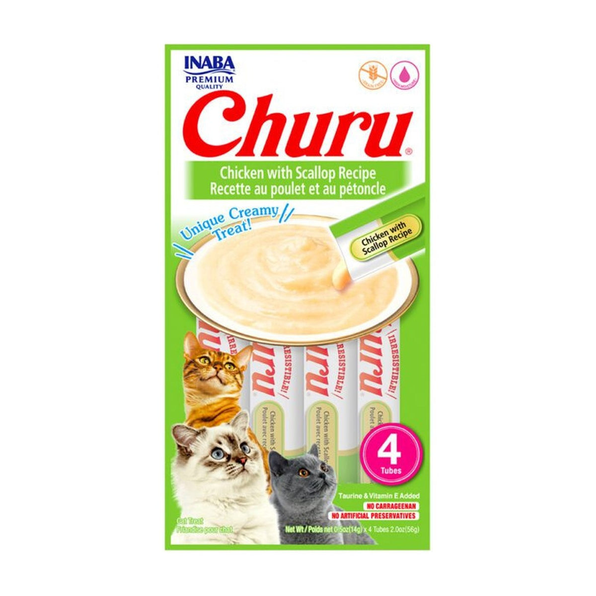 Churu snack líquido pollo con ostión para gatos 4 tubos 14 grs vista frontal