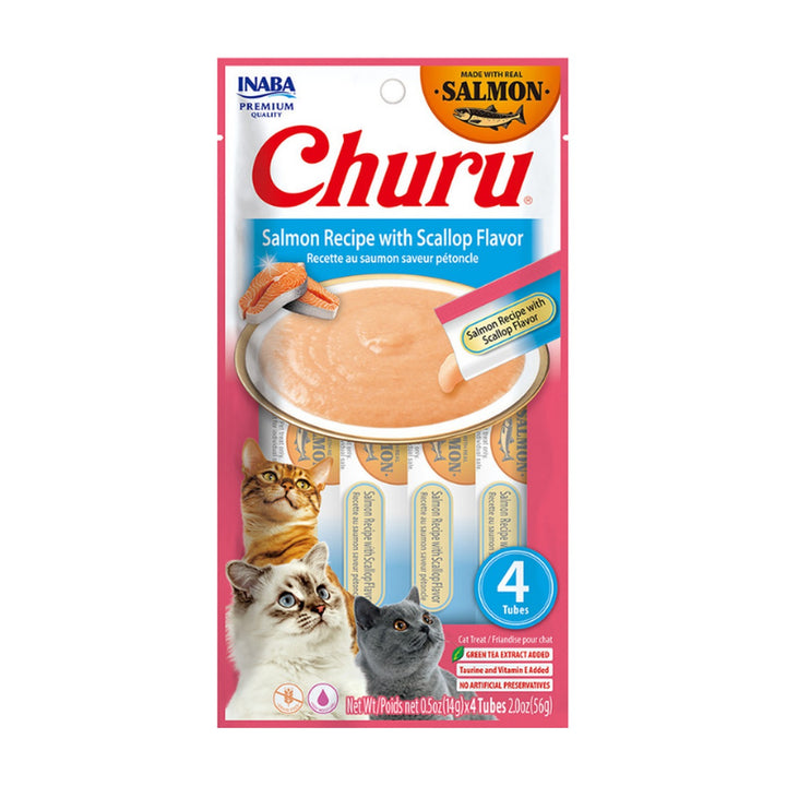 Churu snack líquido salmón con ostiones para gatos 4 tubos 14 grs vista frontal